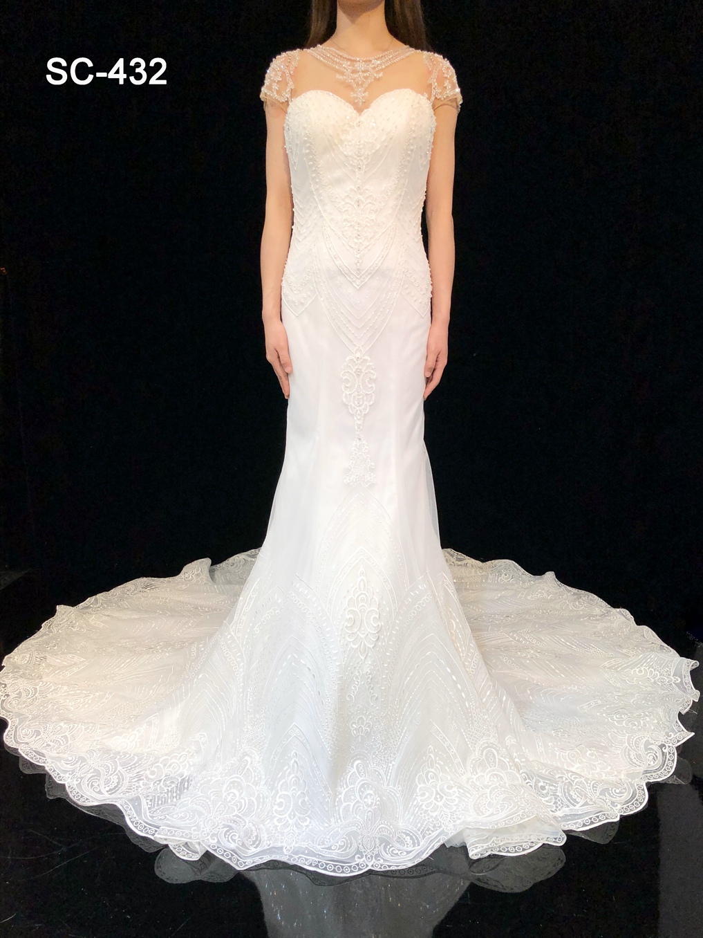 Round neck beaded short sleeve wedding dress mermaid bridal gown
