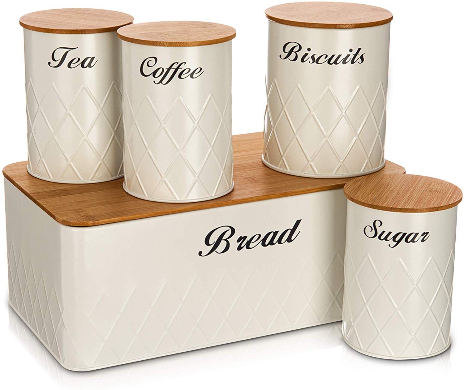 5pc Kitchen Storage Set - Tea Coffee Sugar Biscuits & Bread Bin Jars Canisters