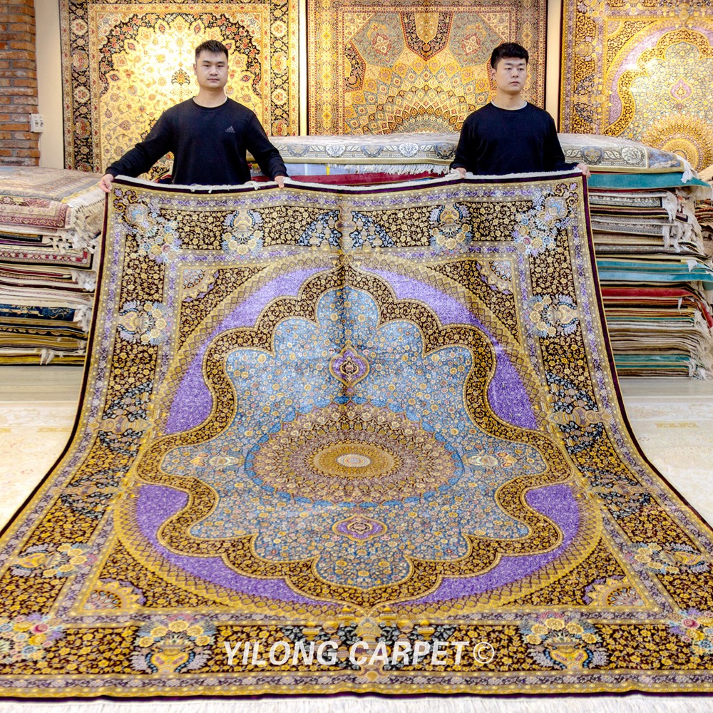Yilong 8'x10' hereke persian blue and purple hand knotted oriental carpet