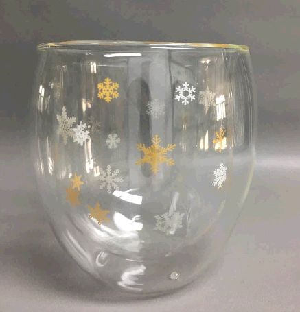 Double wall glass cup with inner layer snowflake printing