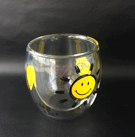 Double wall glass coffee cup, cappuccino type, with decal