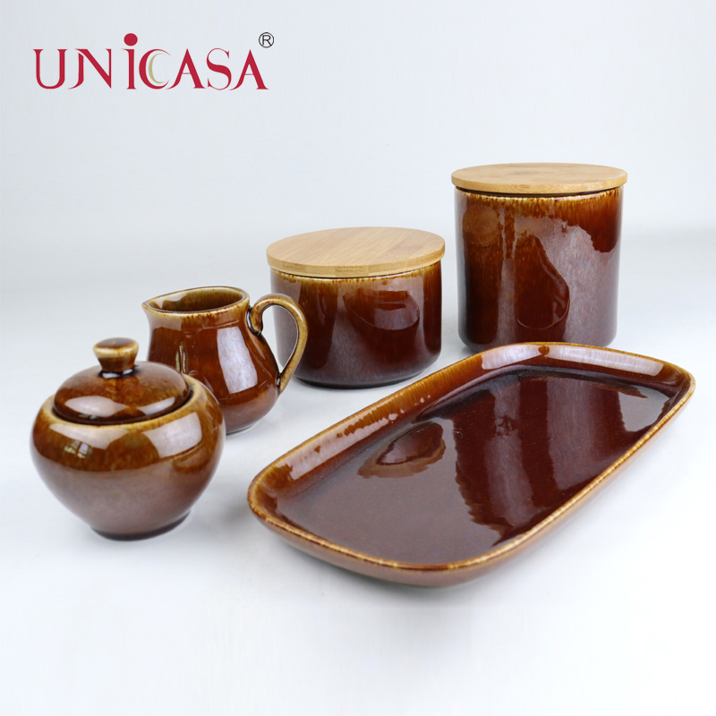 Brown Reactive Ceramic Dinnerware Stoneware Storage Jar Creamer