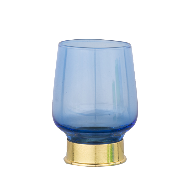 Stemless white wine glass in blue with golden metal base