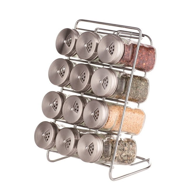 glass spice rack with twist metal lid