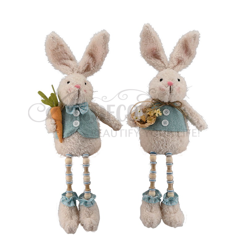 2asst. Fabric Sitting Boy & Girl Rabbit W/Wood Bead Legs
