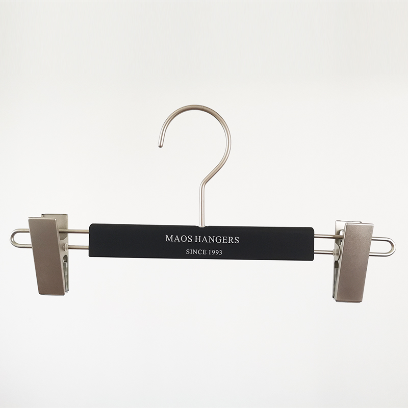 Soft hand feeling black color plastic hanger with metal clips