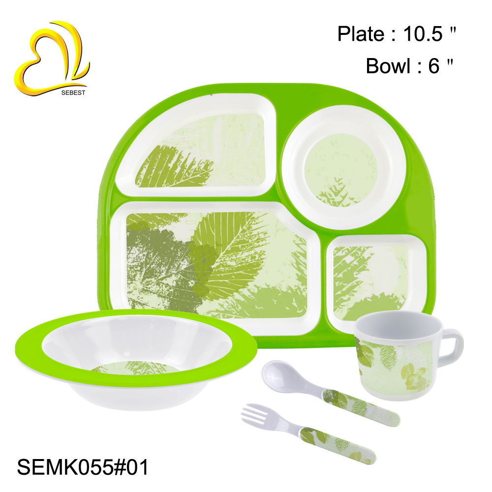 1 SEBEST Green Plant Melamine Kid's Dinnerware Set SEMK055#01