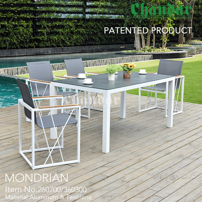 Outdoor furniture Mondrian Dining Set Garden set in Aluminiuim Modern garden furniture Patio Furniture Aluminium Textilene Chair Aluminium Table Mesh Fabric Chair
