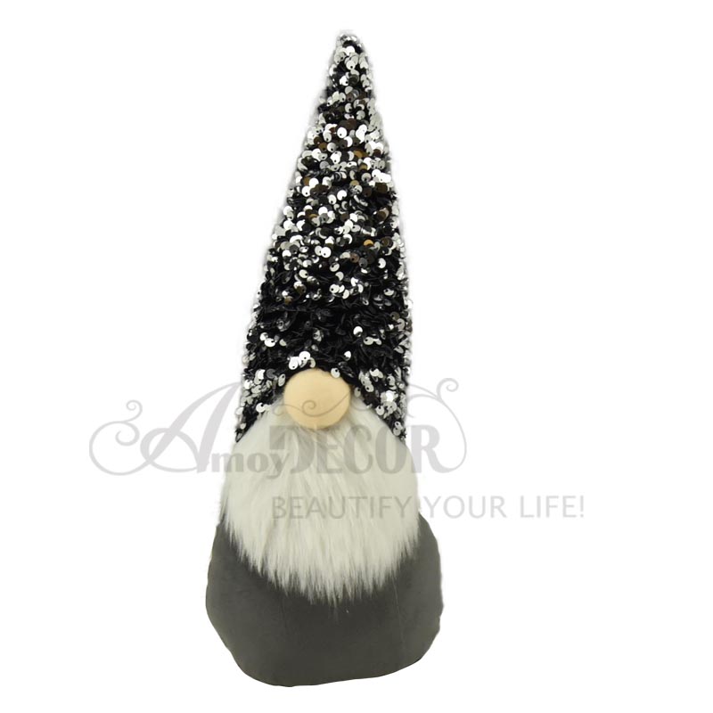 14in fabric gry gnome with silver sequin hat