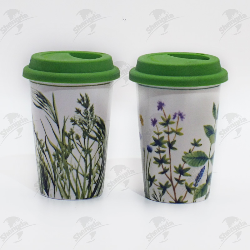 400mlTake it away mug with silicone lid with Botanical design