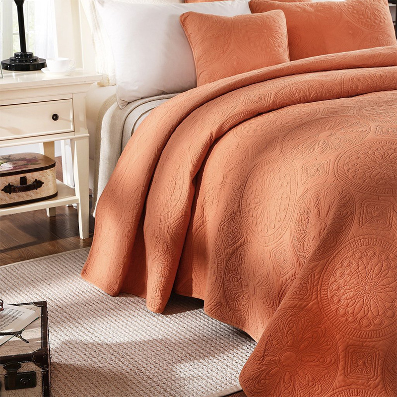100% cotton embroidered quilt set orange color