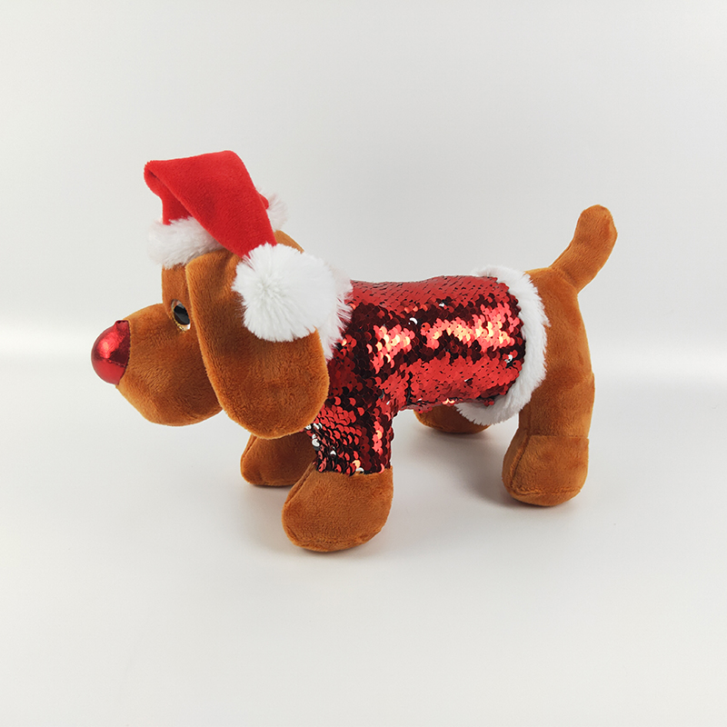 Plush animal toy soft stuffed Christmas dog plush reversible sequins dog with red hat
