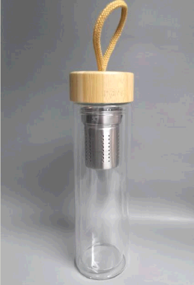 Glass water bottle with bamboo lid and SS filter