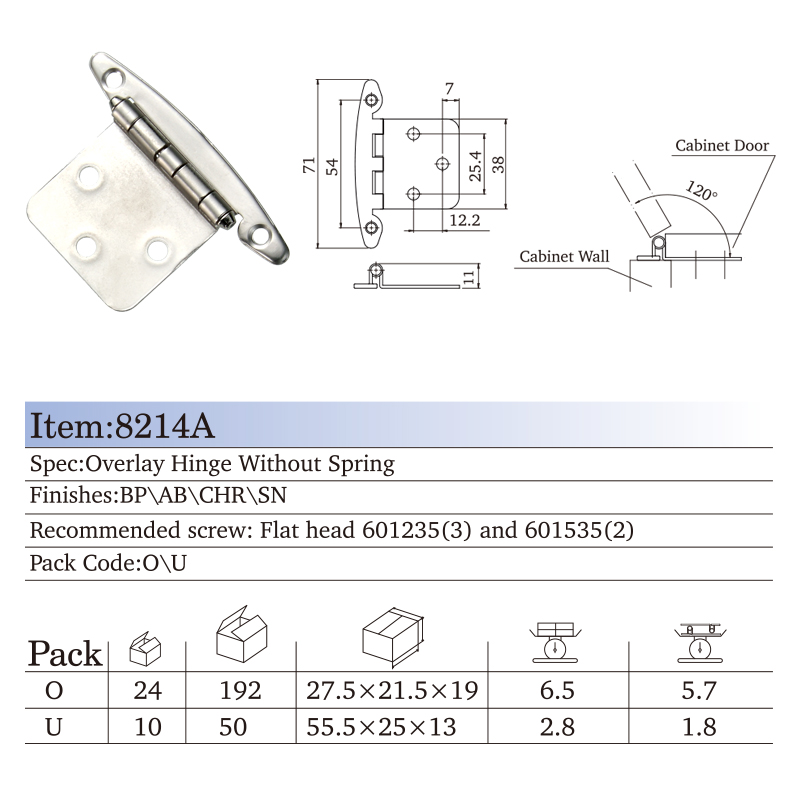 8214A Overlay hinge without spring