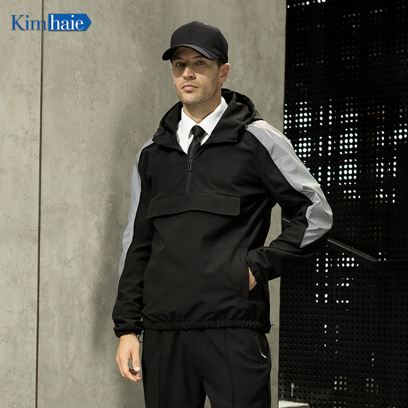 Men's black stretch casual hooded jacket