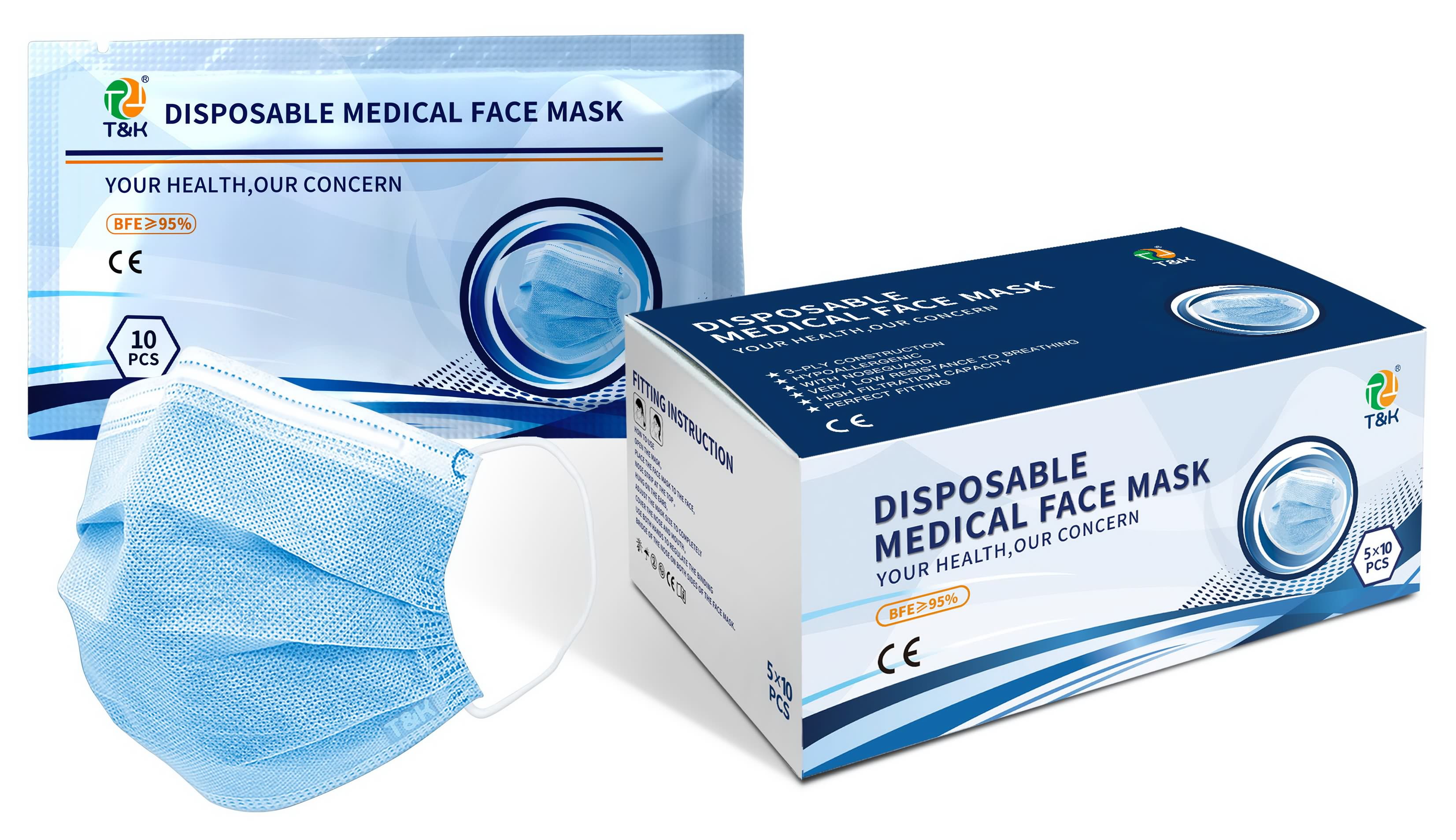 3 Ply Disposable Medical Face Mask Blue Color (EN14683 Type I, Ear-loop)