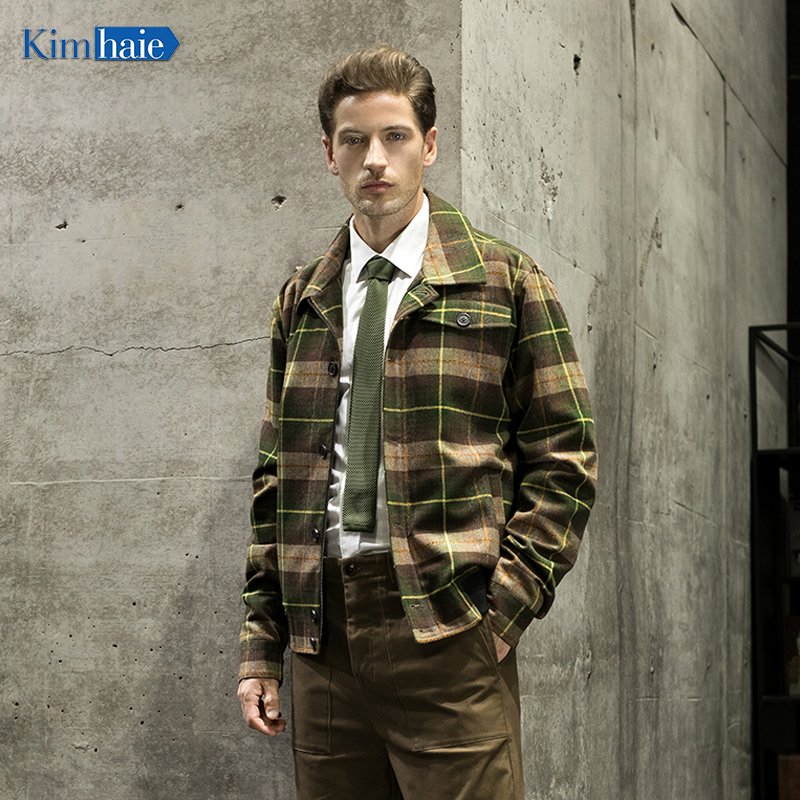 Men's brown check turn-down collar light woolen jacket