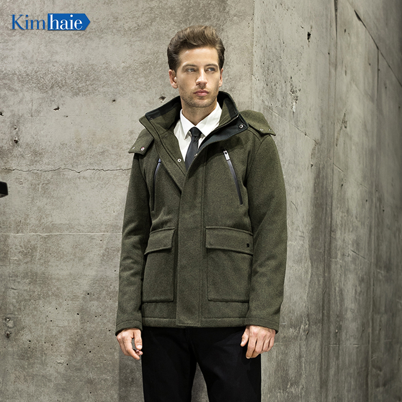 Men's green padding hooded warm woolen jacket