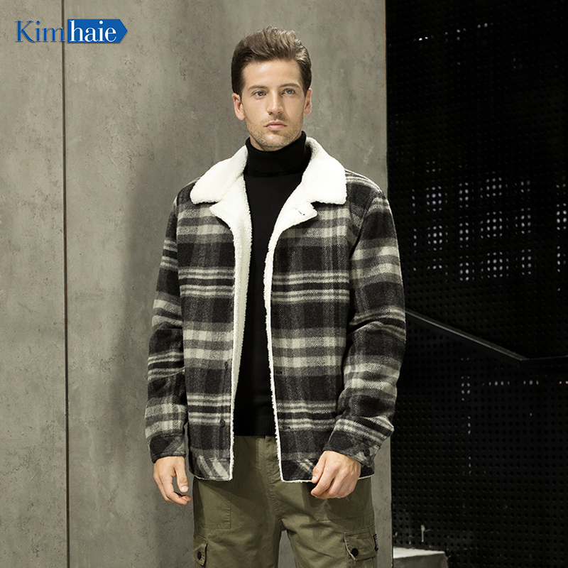 Men's black and white check Teddy wool turn-down collar woolen jacket