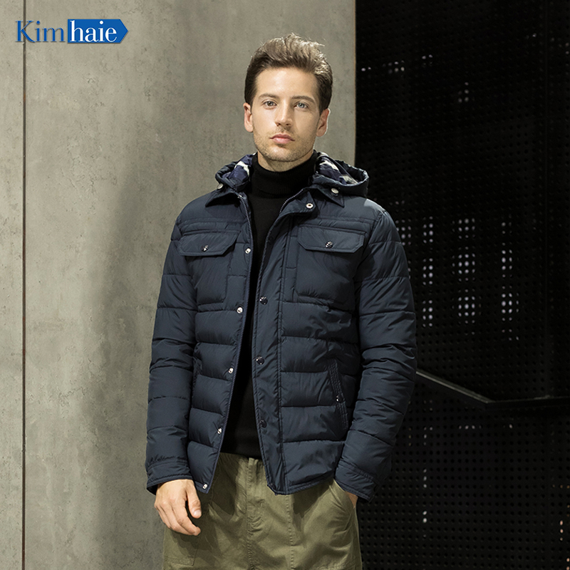 Men's navy casual warm padding hooded jacket