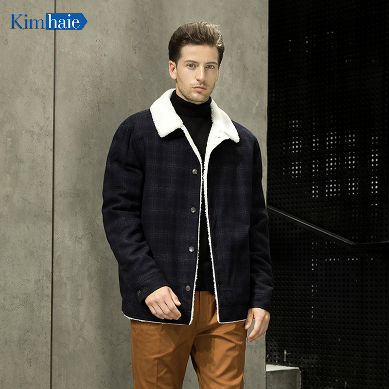 Men's navy check Teddy wool turn-down collar woolen jacket