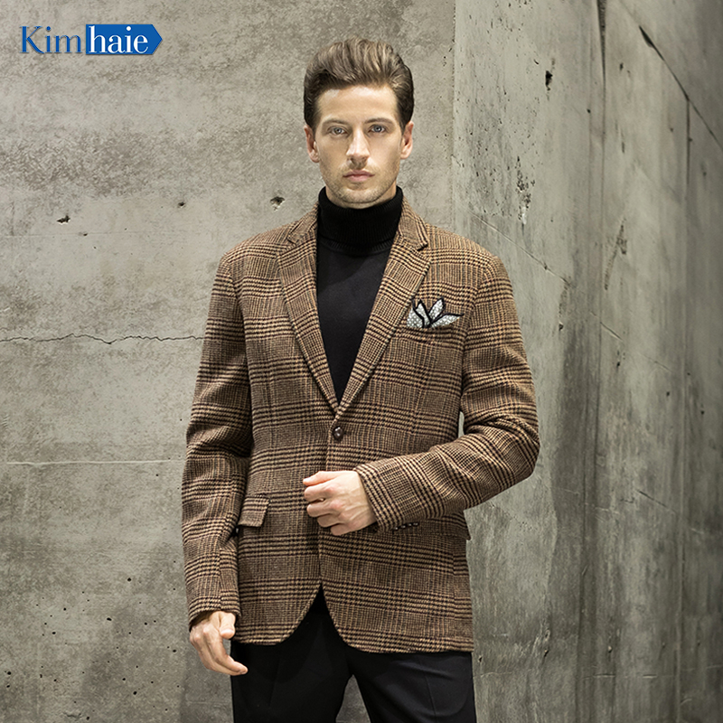 Men's brown check notch lapel light 100% wool blazer