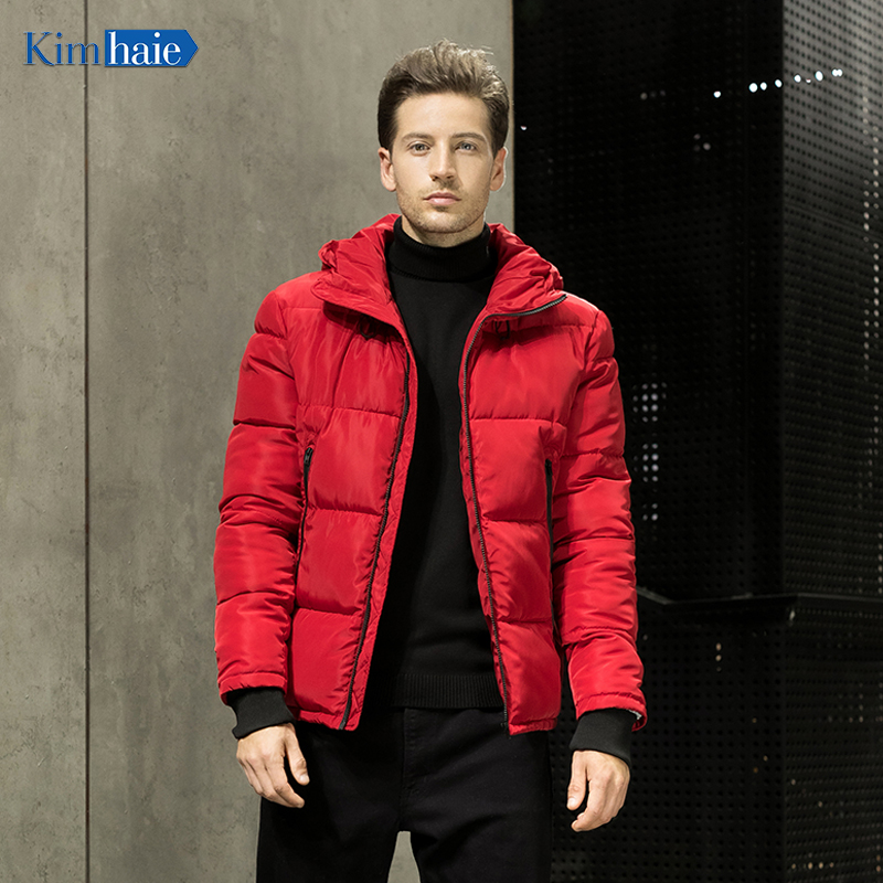 Men's red hooded warm casual padding jacket