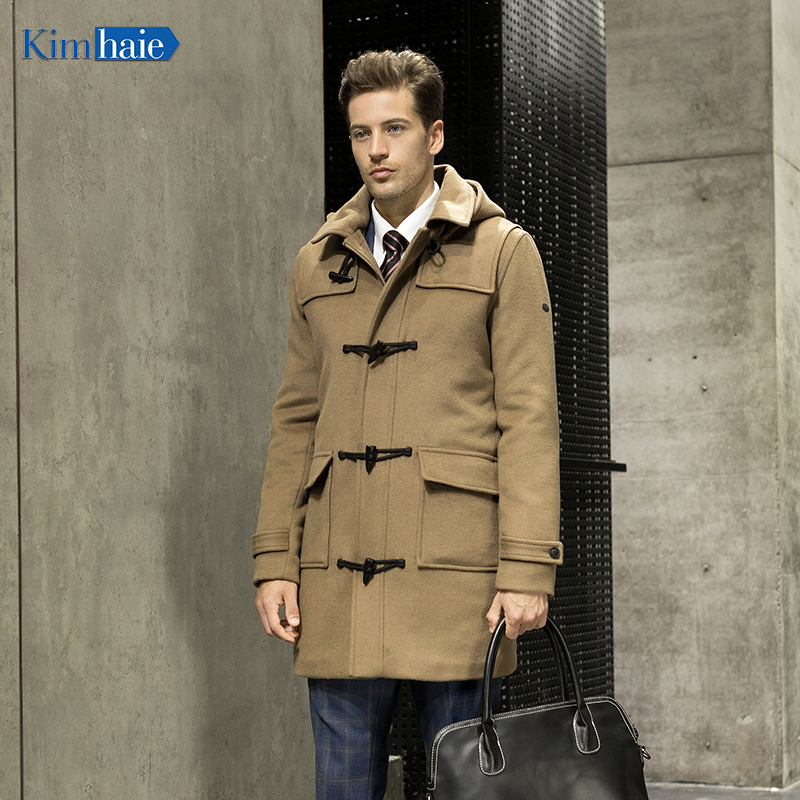 Men's brown longer fashion woolen duffle Coat