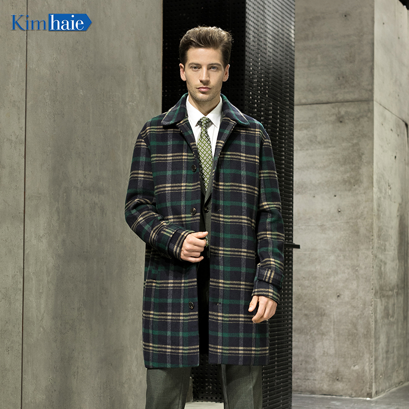 Men's green check turn-down collar longer woolen coat
