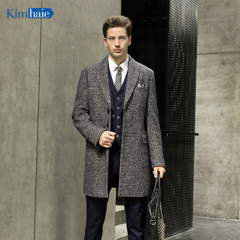 Men's brown houndstooth peak lapel longer woolen coat