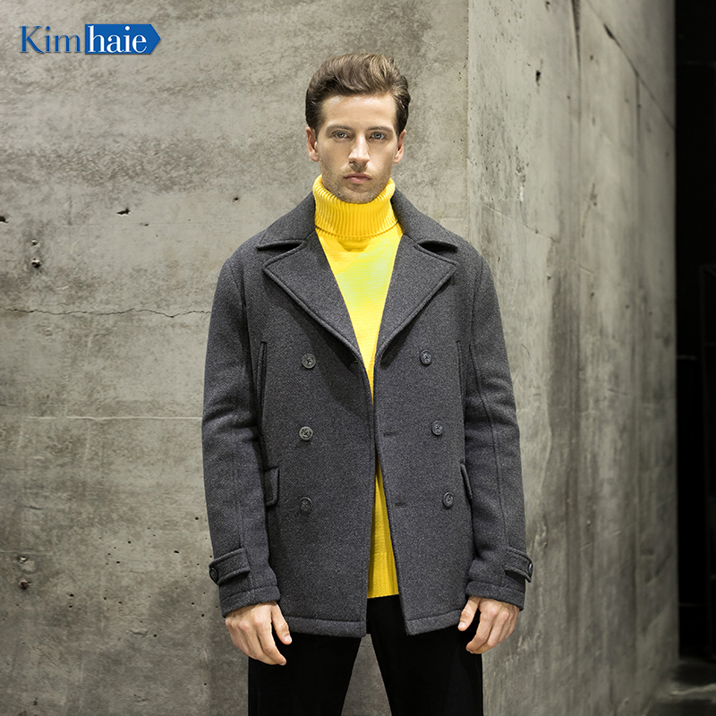 Men's grey double breasted woolen warm coat
