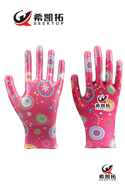 Floral Printed Nitrile Smooth Coated Gloves