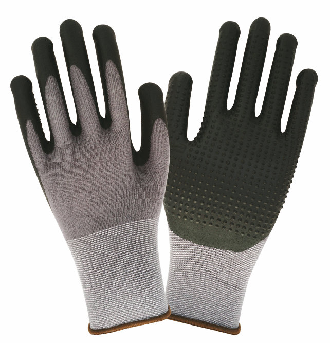15-gauge seamless nylon-spandex glove / foam nitrile+dots