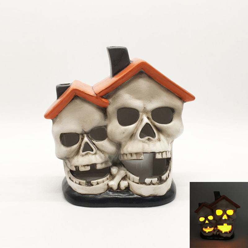 Halloween Ceramic Skull & House Lantern with Led Candle