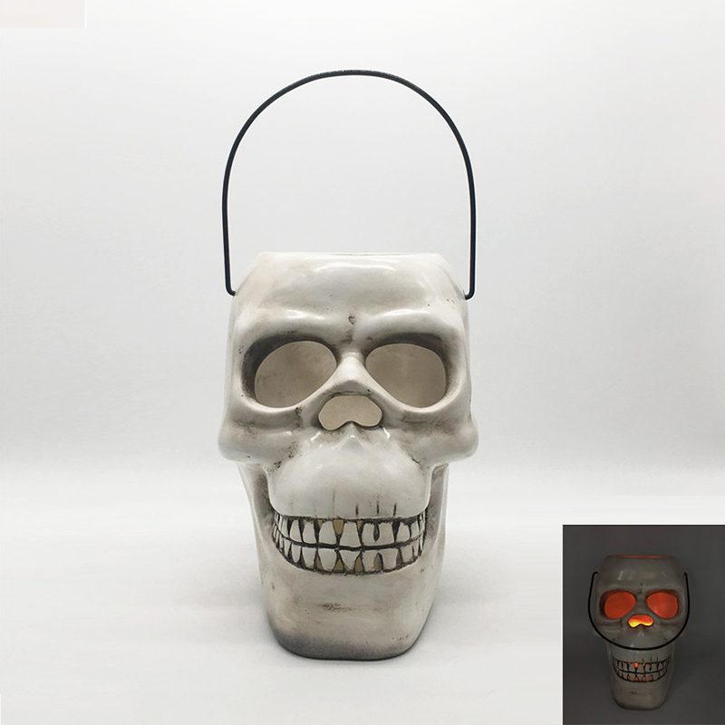 Halloween Ceramic Skull Lantern with Led Candle
