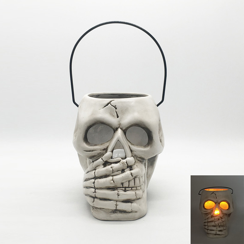 Halloween Ceramic Skull Lantern with Led Candle