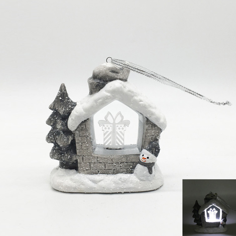 Hanging LED Ceramic House with Christmas Tree and Snowman Ornament