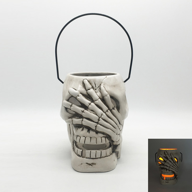 Halloween Ceramic Skull Lantern with Led Candle