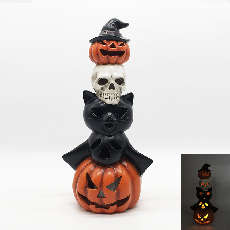 Novelty Halloween Ceramic Skull Cat Pumpkin Lantern with Led Lights