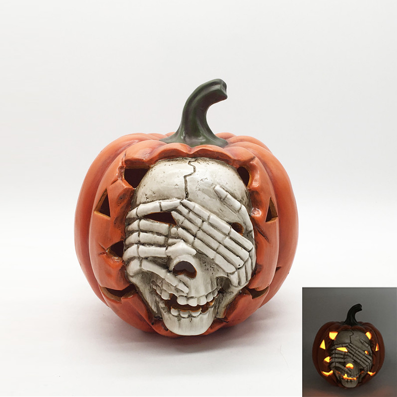 Halloween Ceramic Skull & Pumpkin Lantern with Led Candle