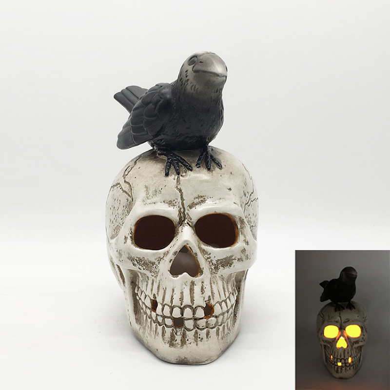 Halloween Ceramic Skull & Crow Lantern with Led Candle