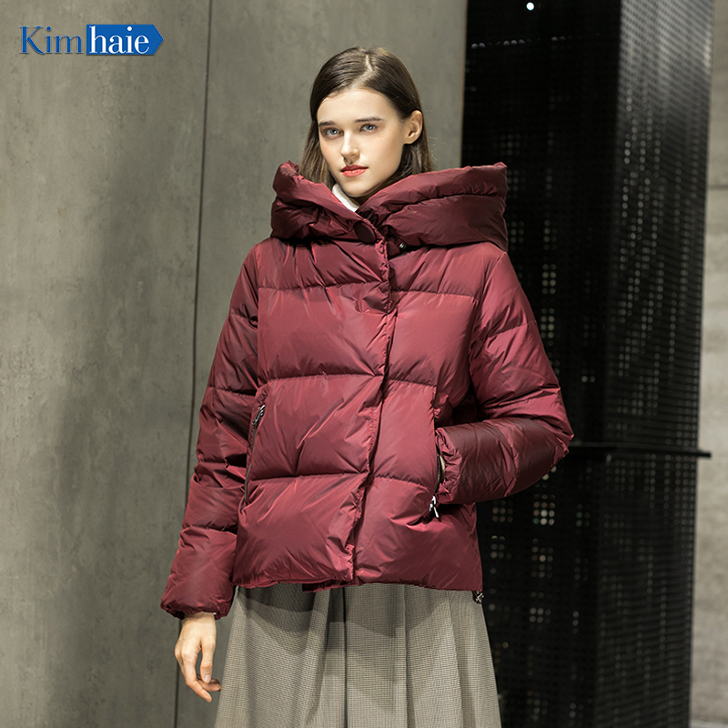 Ladies's wine red warm down hooded short jacket