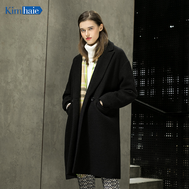 Ladies's black warm double breasted long coat