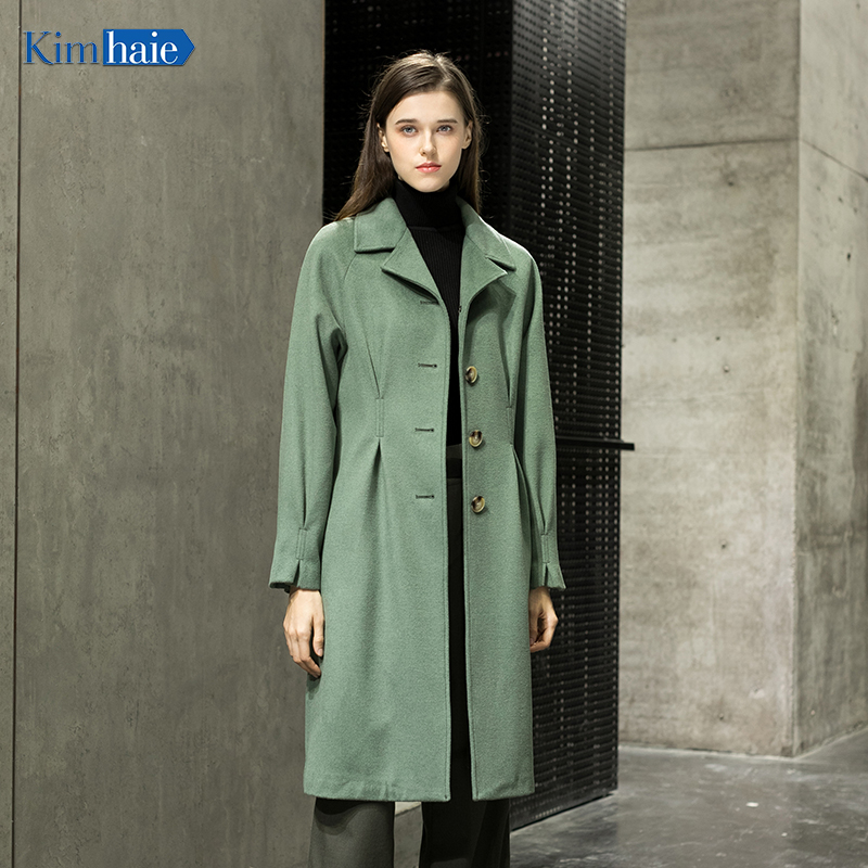Ladies's green notch lapel longer recycled woolen coat