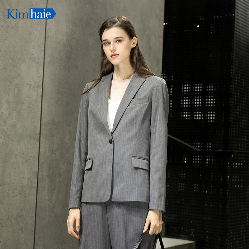 Ladies grey stripe single breasted business suit