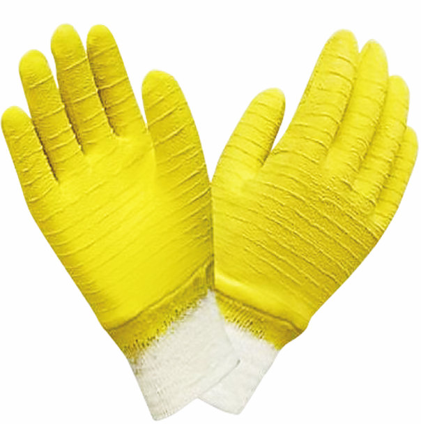 Yellow latex fully coated safety gloves with knitted wrist