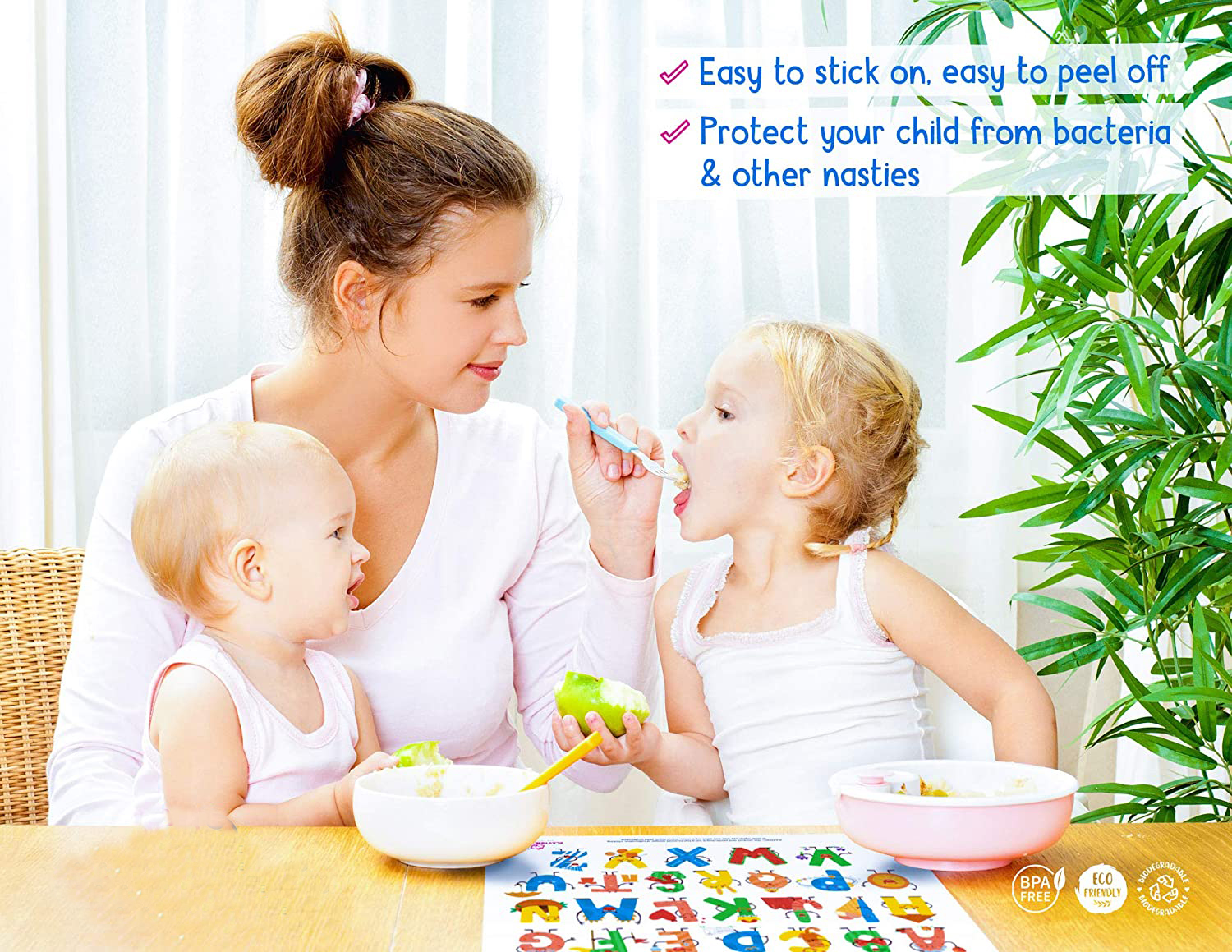 Mulit color 26 cute letters design Super Sticky Disposable Placemat for Baby Toddler BPA Free 4 Side Stick On table mat