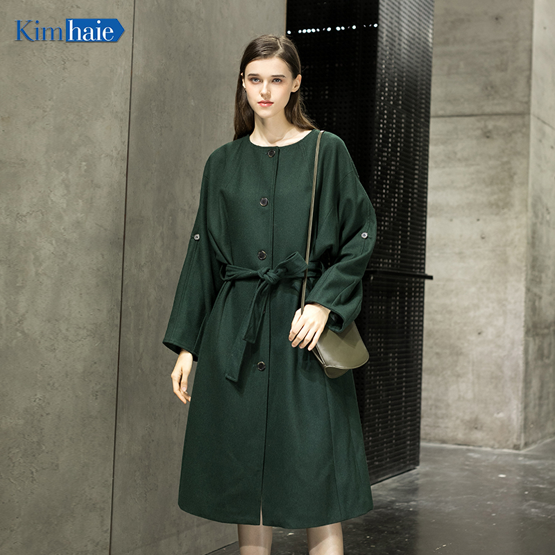 Ladies's green round collar recycled wool long coat