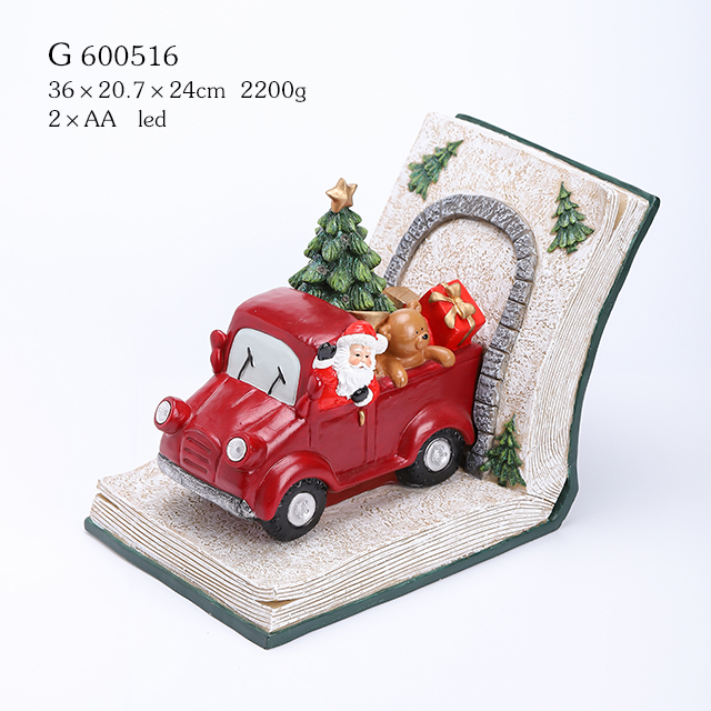 Resin Santa drive car with Xmas tree ornament with LED in the book