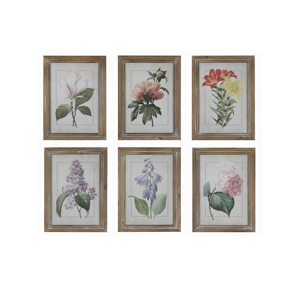 Wholesale Rustic Farmhouse Set Of 6 Vintage Style Wood Framed Flower Wall Art, Wood Picture Frame